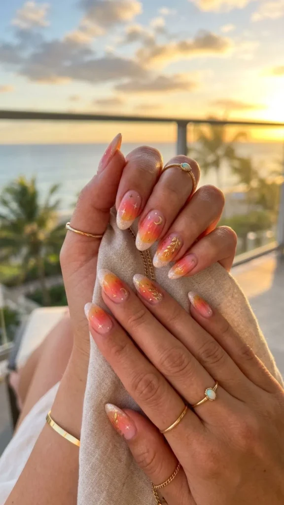 Dreamy sunset French nails with warm colorful tips