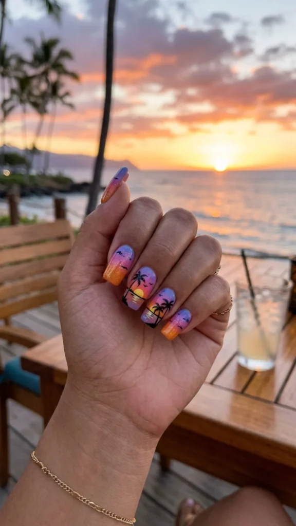 Beautiful sunset nail design with warm ombre colors and tropical evening-inspired details.