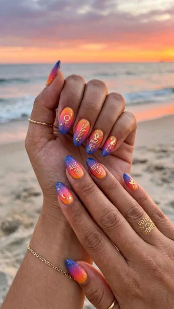 Sunset ombre nails with bold Equality Day accents.