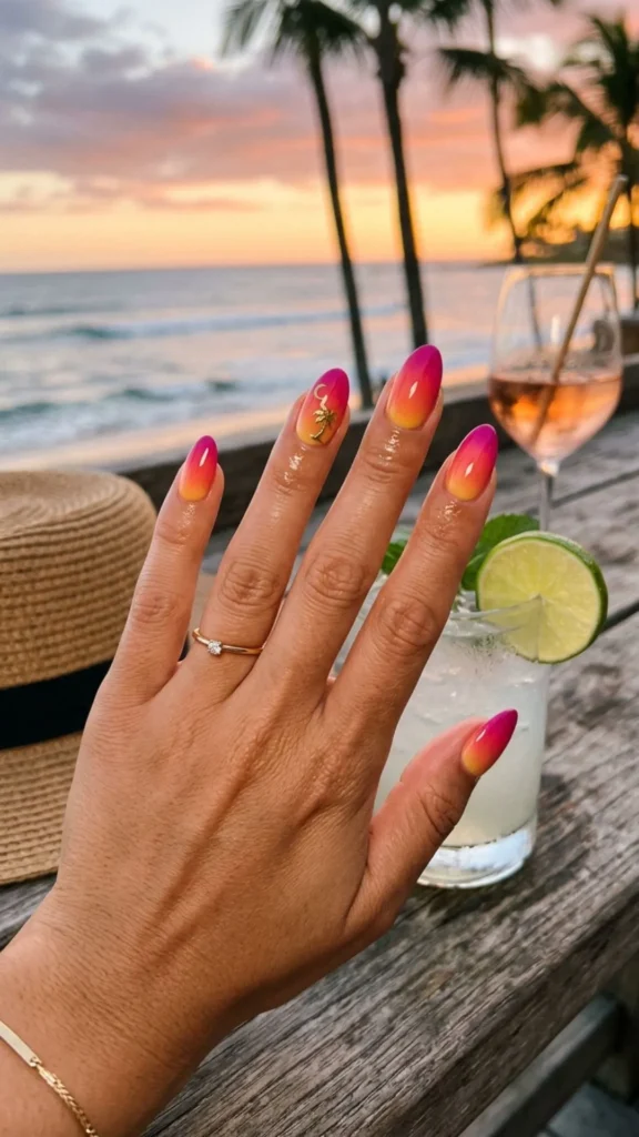 Warm sunset ombre nails blend glowing summer shades for a dreamy, radiant, and stylish manicure.