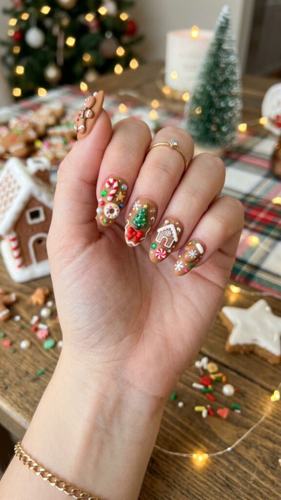 Sweet gingerbread nails featuring festive cookie designs, candy accents, cute charms, and adorable 3D junk nail art.