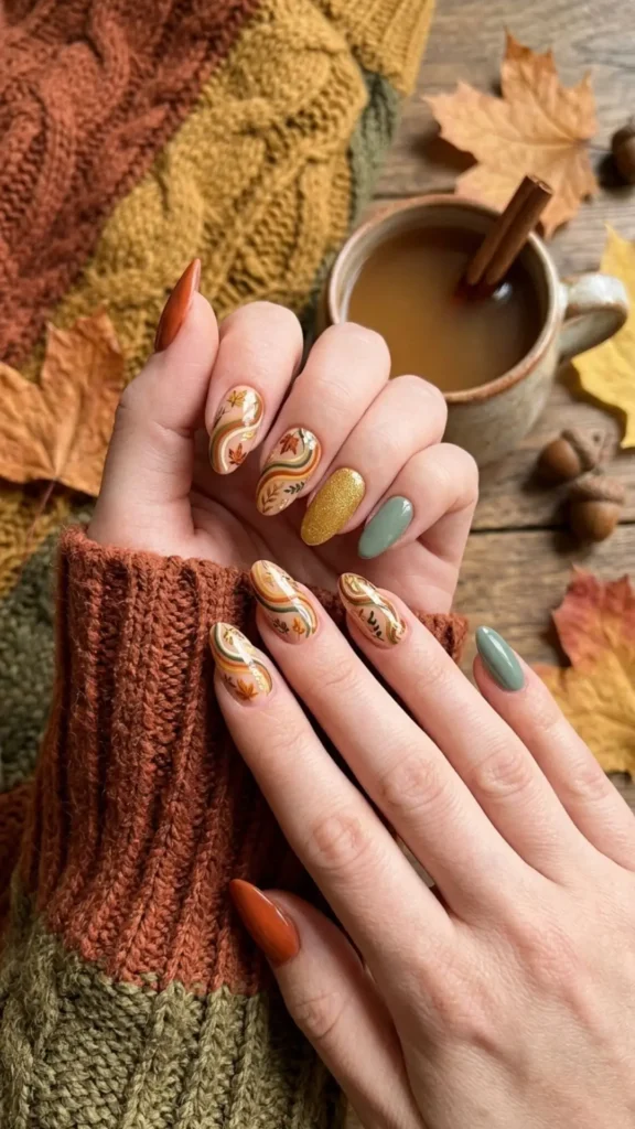  Swirly fall leaves nail design with warm brown, rust, and neutral tones for a chic summer to fall manicure.