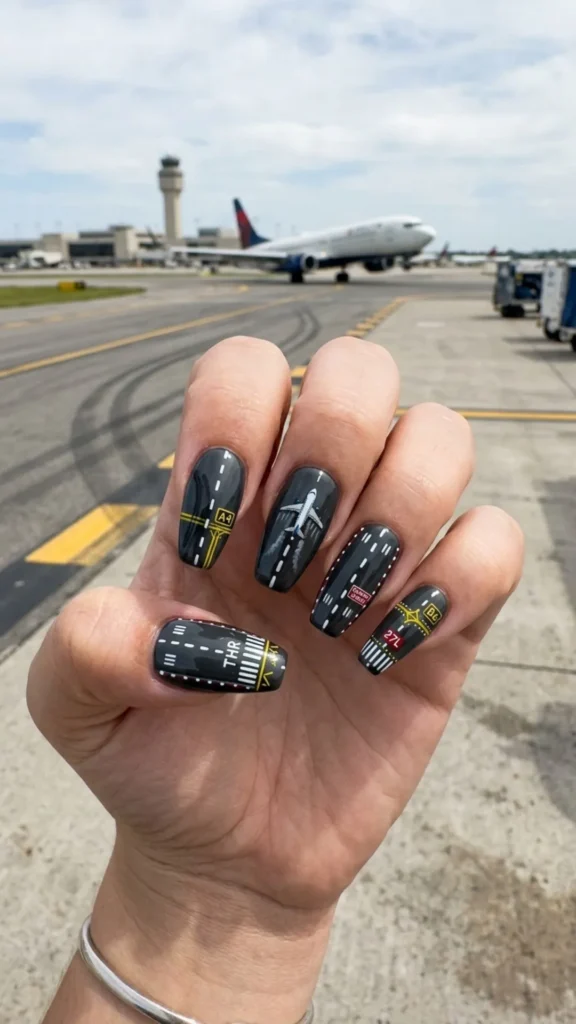 Unique takeoff runway nail design featuring runway lines, airplanes, and modern aviation-inspired details.