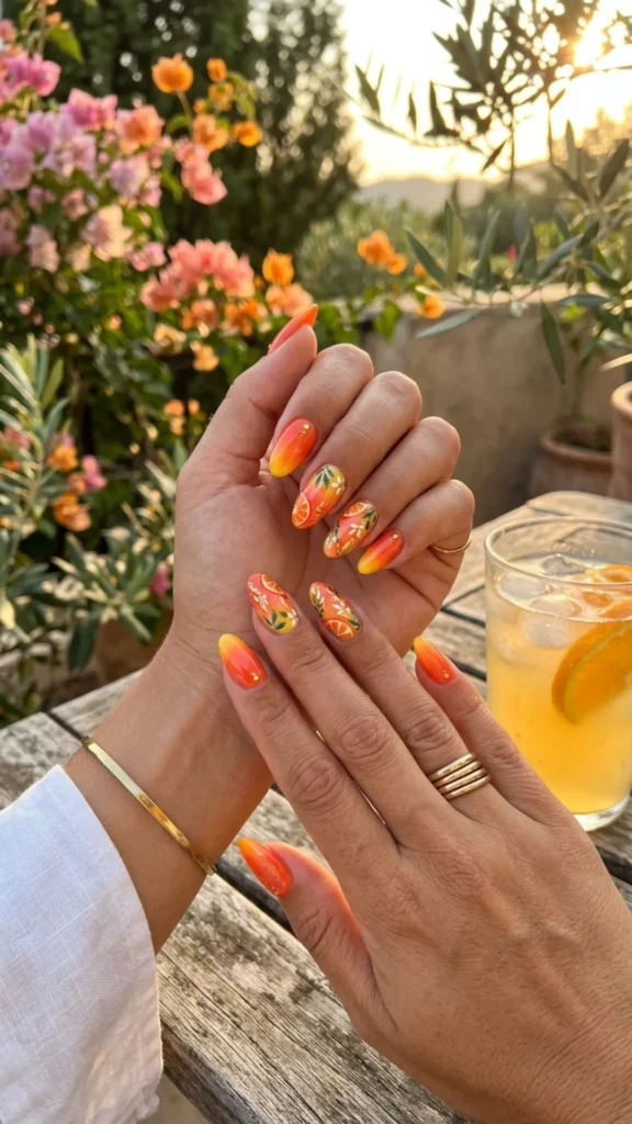  Tangerine dream nails featuring vibrant orange shades for a bright and playful manicure.