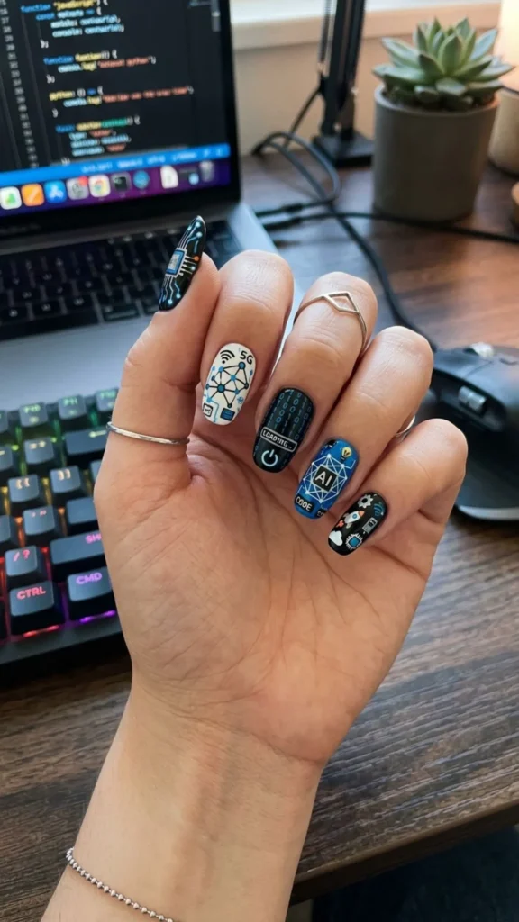 Futuristic tech nails with hand-painted creative details
