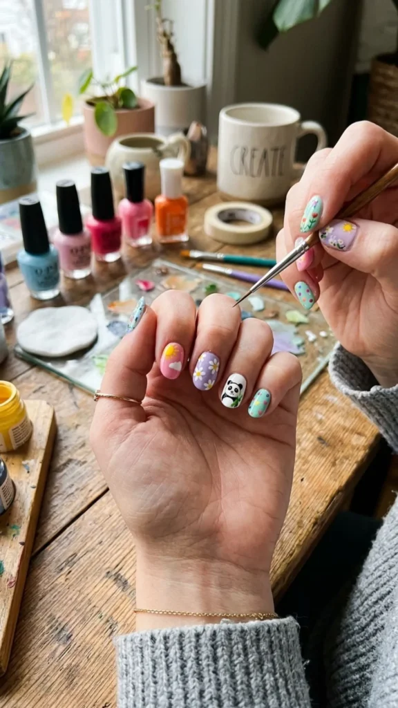 First hand-painted nail art with simple artistic details.