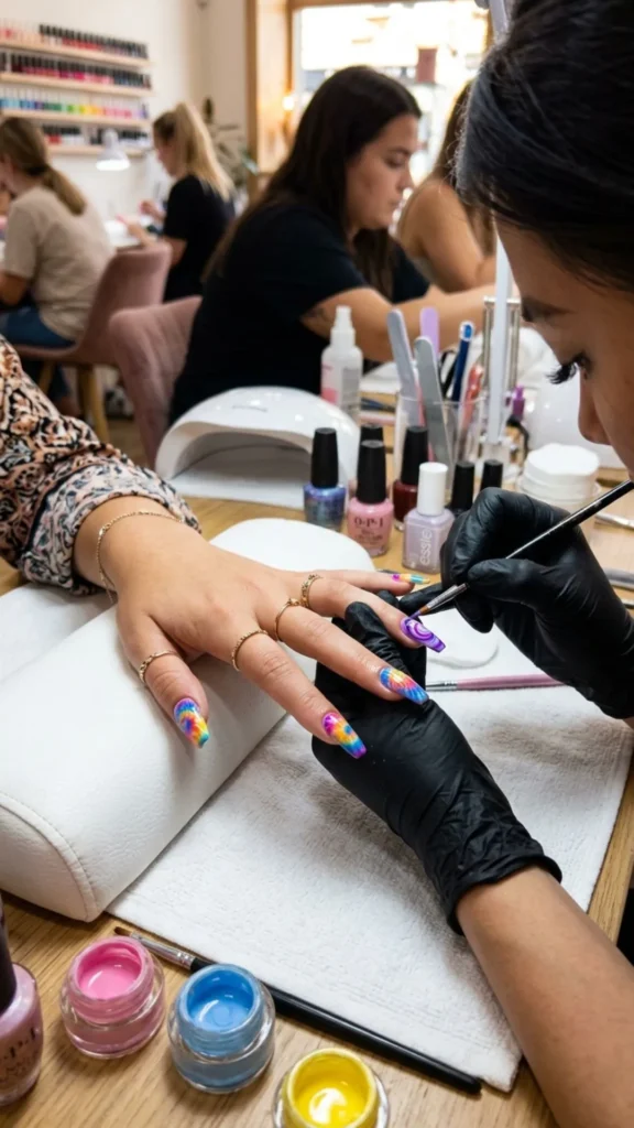Trendy tie dye nail art with vibrant blended colors and playful swirling patterns.