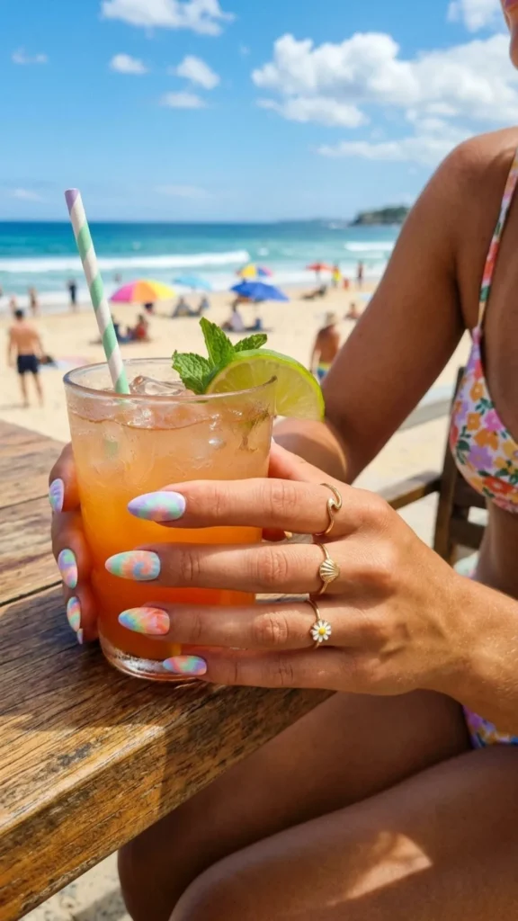Colorful pastel tie-dye nails bring a playful, dreamy, and eye-catching touch to a fun summer manicure.