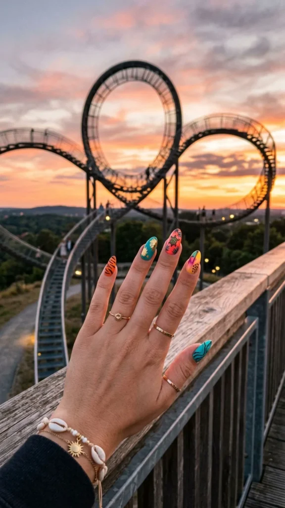  Bold tiger and tortoiseshell nails inspired by warm sunset tones for a dramatic statement manicure.