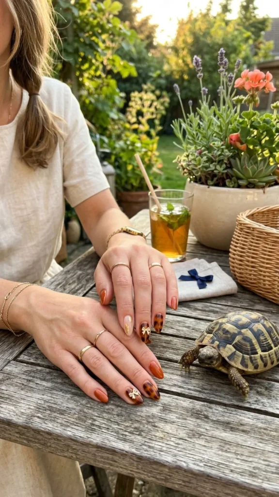 Chic tortoiseshell nails decorated with delicate bow accents for a stylish feminine manicure.