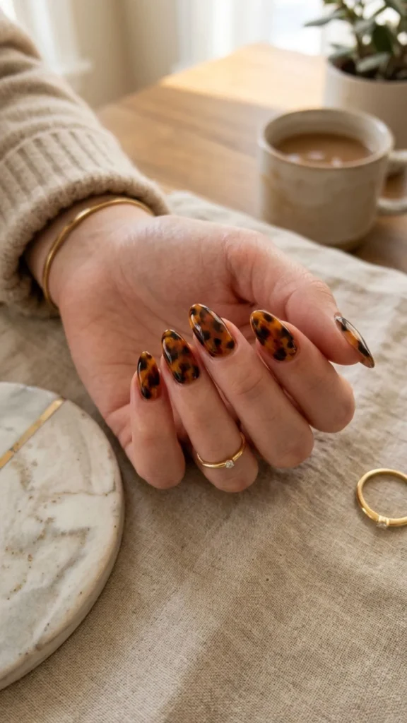 Glossy tortoiseshell gel nails with warm patterns