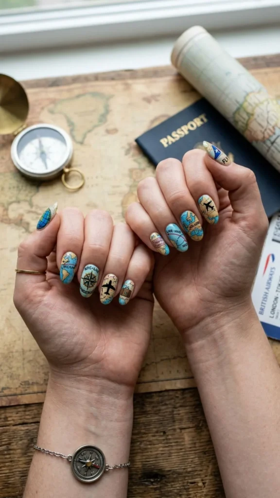 Wanderlust-inspired travel map aviation nails featuring airplane routes, maps, and creative journey details.