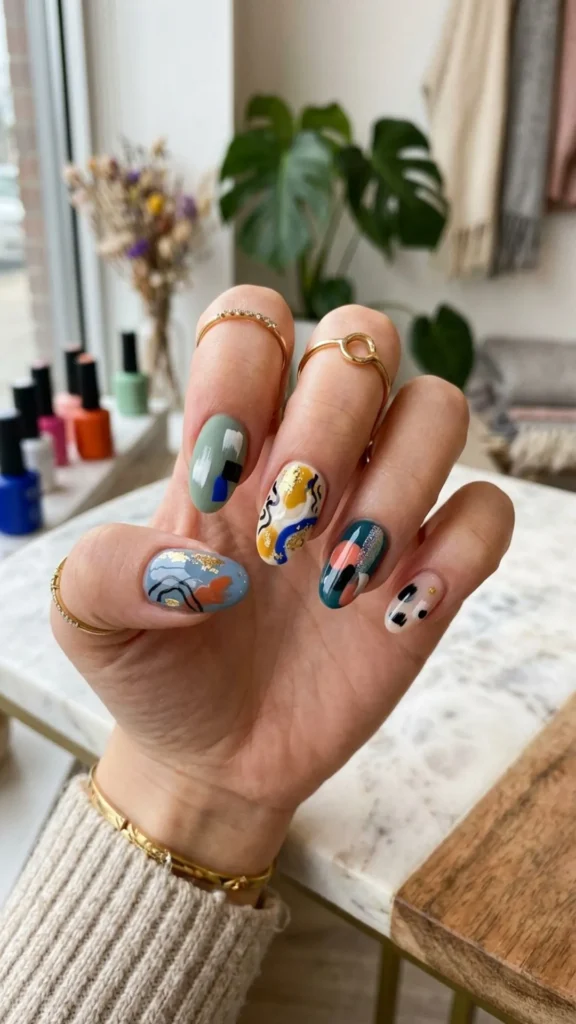 Modern abstract nails featuring artistic shapes, lines, and contemporary patterns.