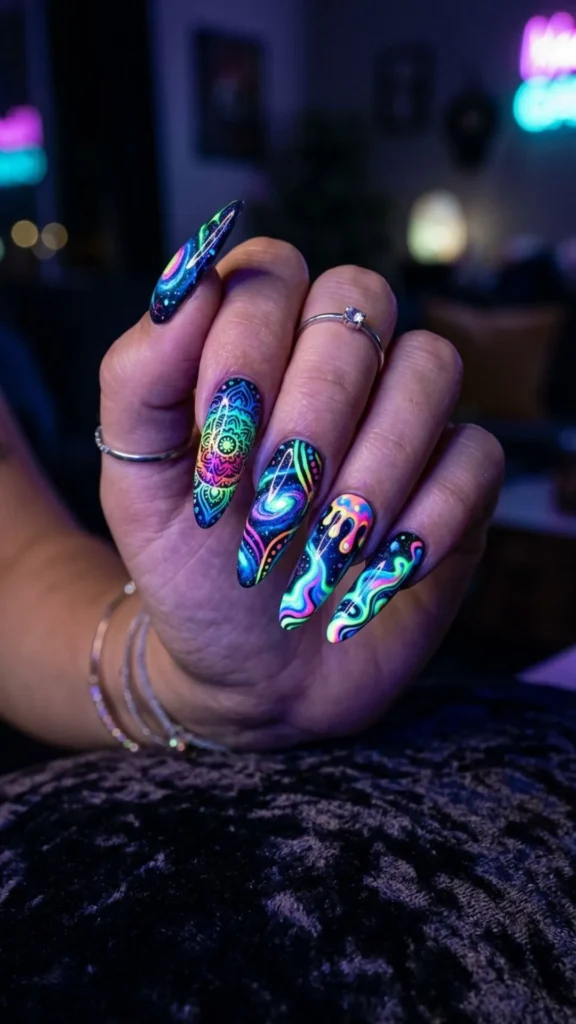 Neon trippy nails with glowing psychedelic patterns.
