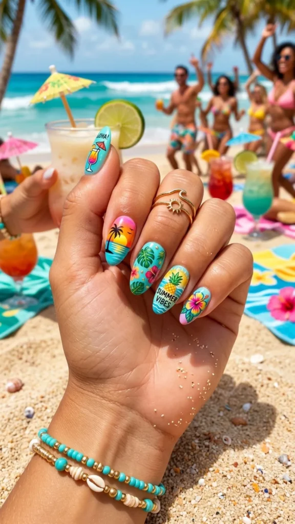 Tropical beach nails with palm leaves, flowers, and ocean-inspired art.