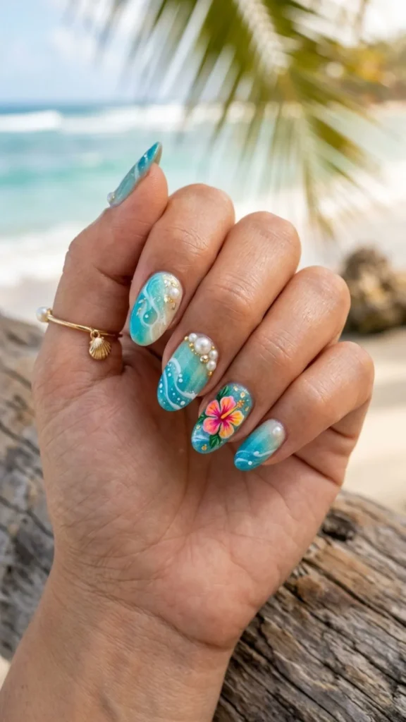 Tropical hibiscus ocean inspired nails with elegant pearl details