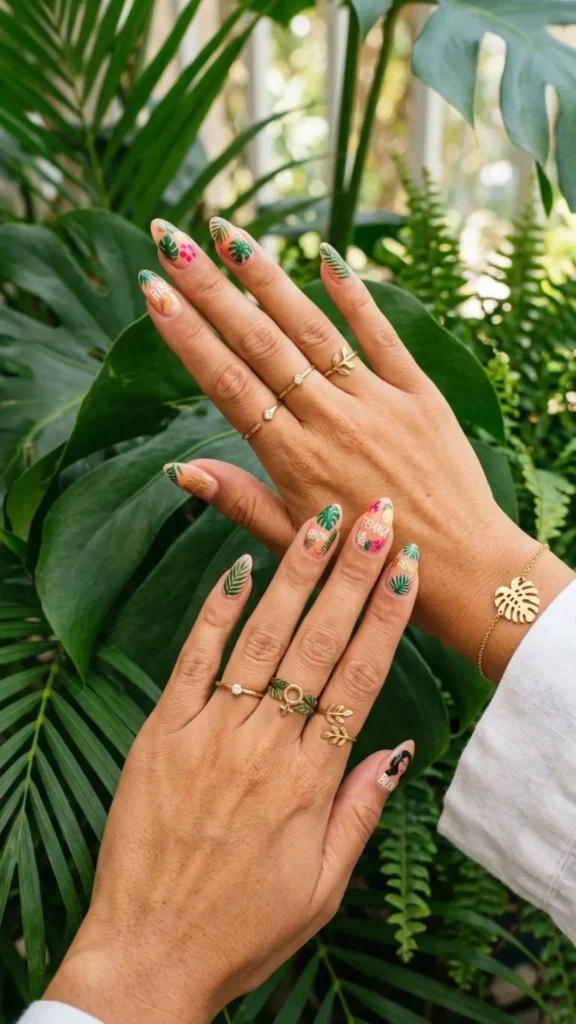 Fresh tropical leaf nails with women’s empowerment details.