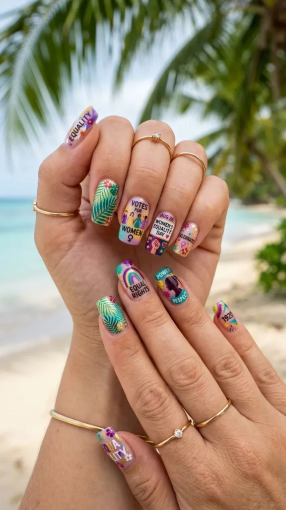 Colorful tropical nails with vibrant Equality Day details.