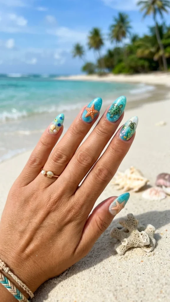 Tropical sea life ocean inspired nails with starfish and turtles