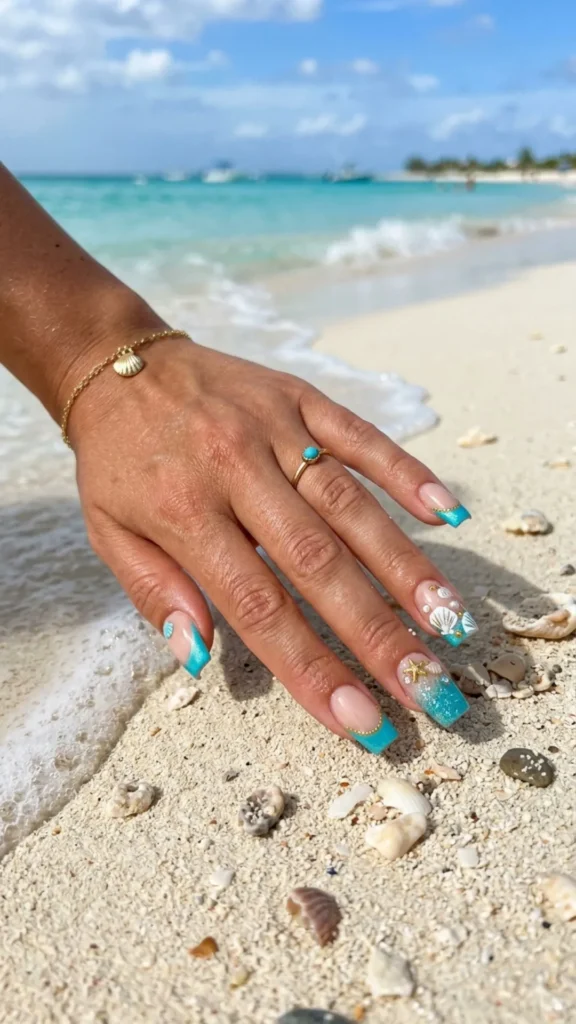 Turquoise seashell French tip ocean inspired nails with beachy details