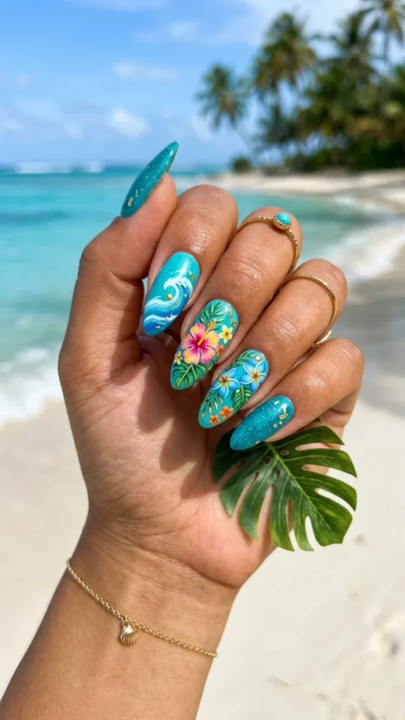 Turquoise tropical beach ocean inspired nails with vibrant floral art