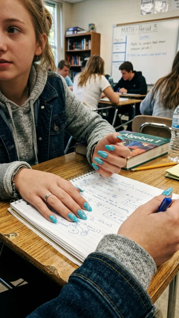 Bright turquoise nails featuring elegant silver line accents for a modern, eye-catching look.