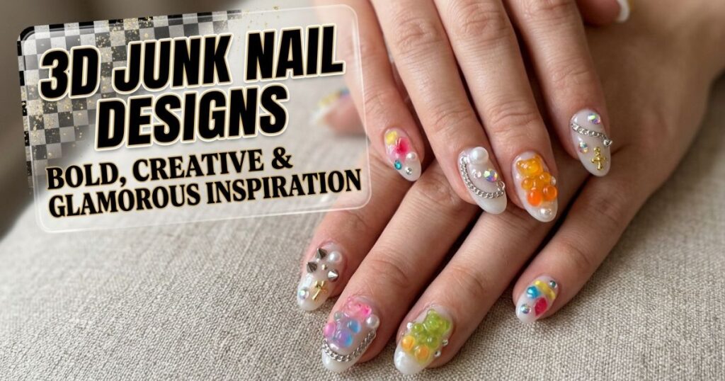 18+ 3D junk nail designs with colorful bling, cute charms, gemstones, and bold 3D nail art.