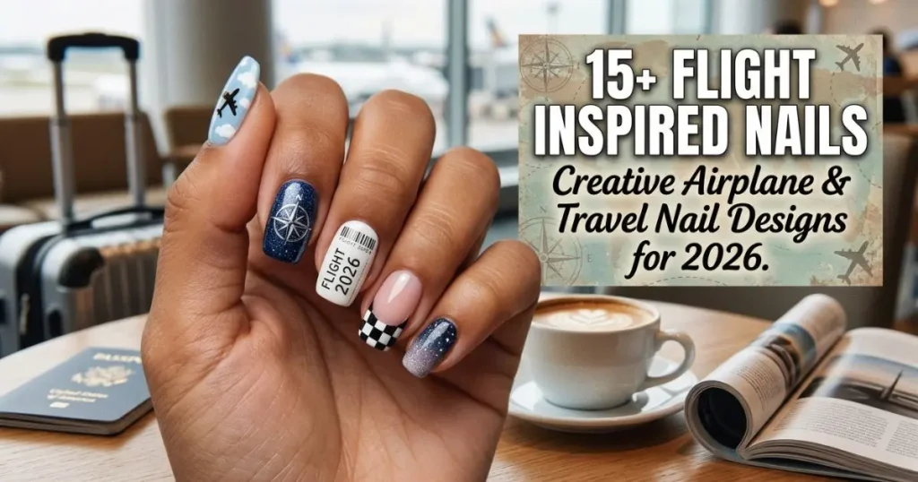 Creative flight inspired nails featuring airplane, travel, sky, cloud, and aviation-themed nail art designs for 2026.