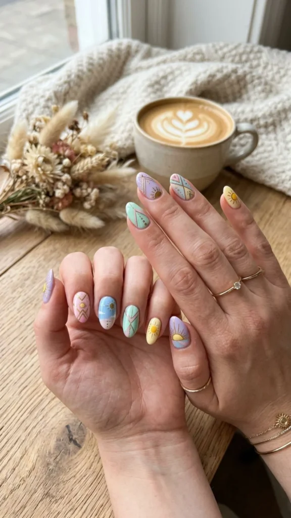 Aesthetic pastel sun geometric nails with trendy details
