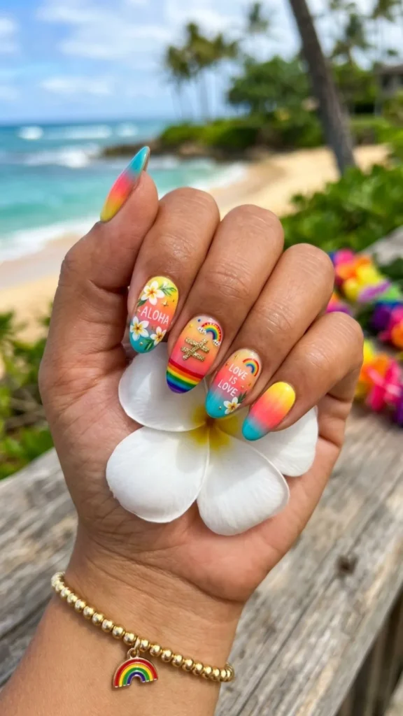  Vibrant Hawaii ombre nails with colorful equality-inspired accents.