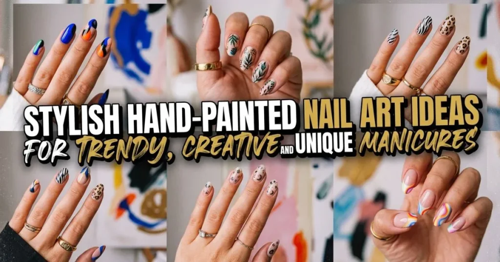 Hand-painted nail art featuring creative patterns, vibrant colors, and trendy details for a unique and stylish manicure.