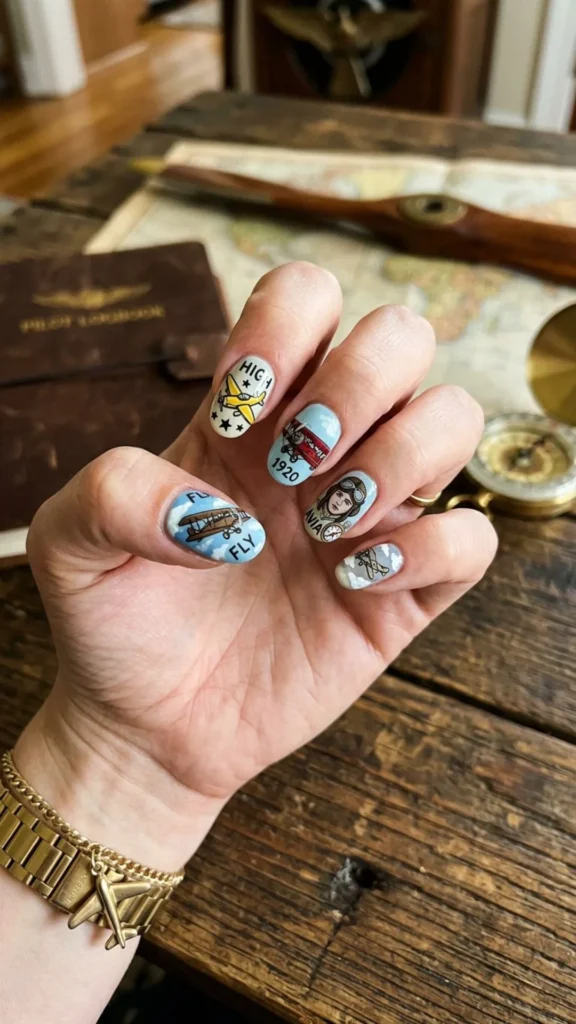 Retro vintage airplane nail art with classic aircraft details and nostalgic travel-inspired styling.