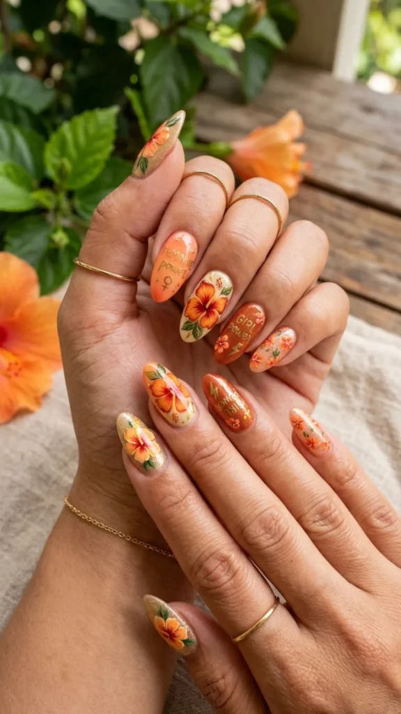 Warm hibiscus orange nails with feminine power-inspired art.