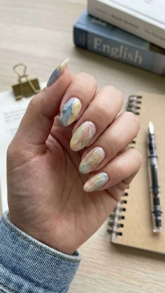 Artistic watercolor marble nails with soft blended colors for an elegant abstract design.