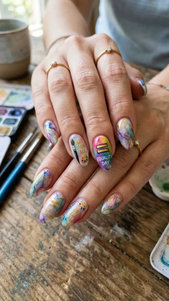 Artistic watercolor marble nails with Equality Day accents.