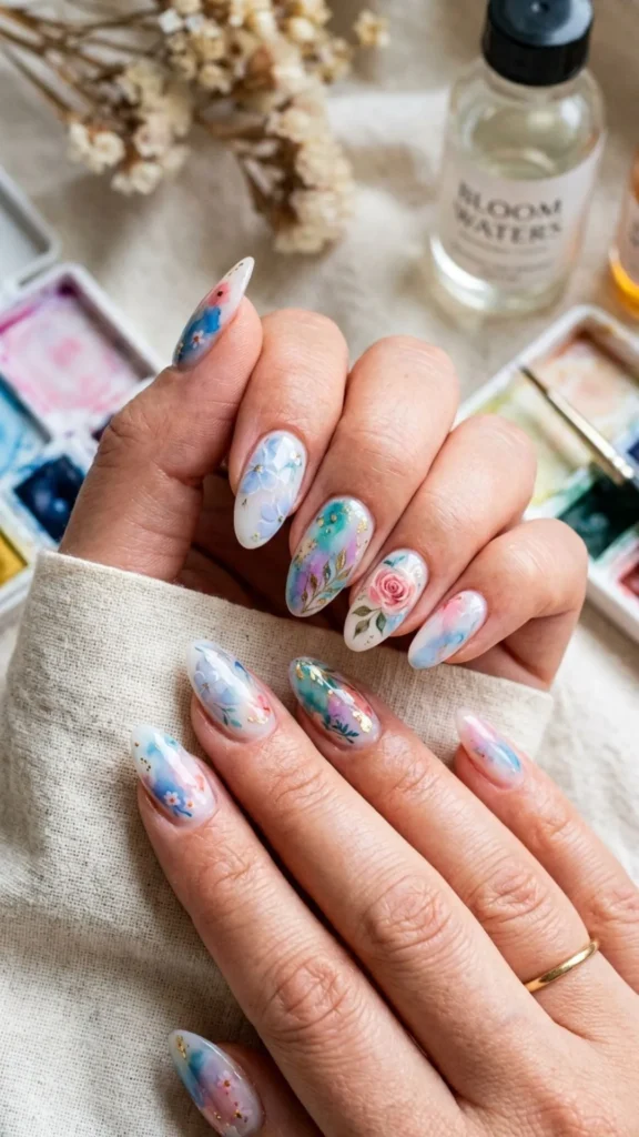 Soft watercolor nails with artistic painted details