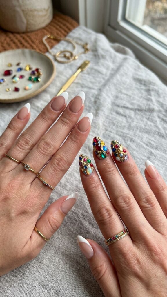 White French tip nails decorated with colorful gemstones, rhinestones, and elegant 3D junk nail details.