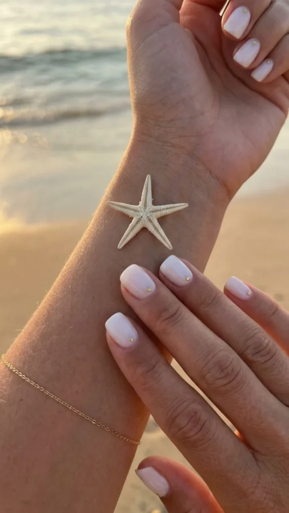  Minimalist bare nails featuring delicate white starfish accents for a subtle coastal-inspired manicure.