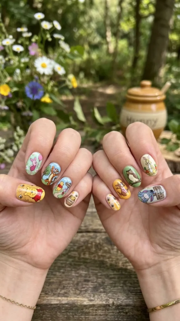 Cute Winnie the Pooh nail art with honey-inspired details and playful character designs.
