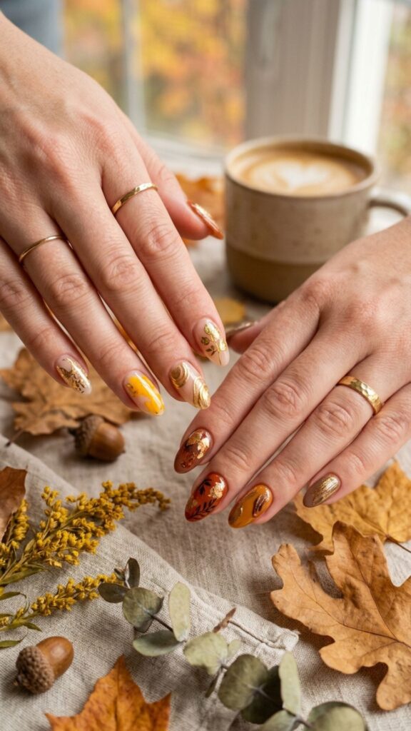  Abstract gold nails with elegant artistic metallic details