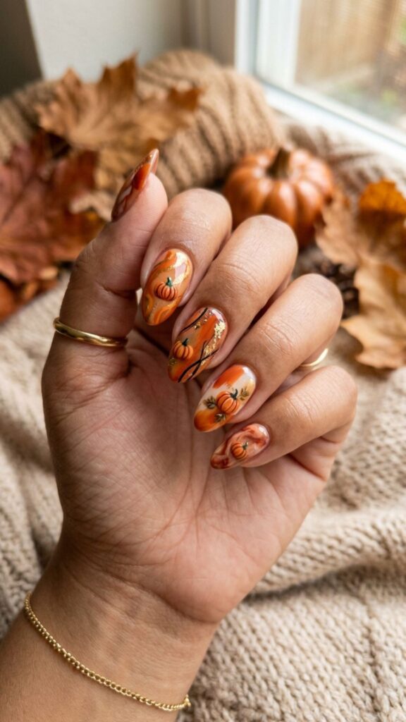  Abstract orange fall nails with tiny pumpkin details