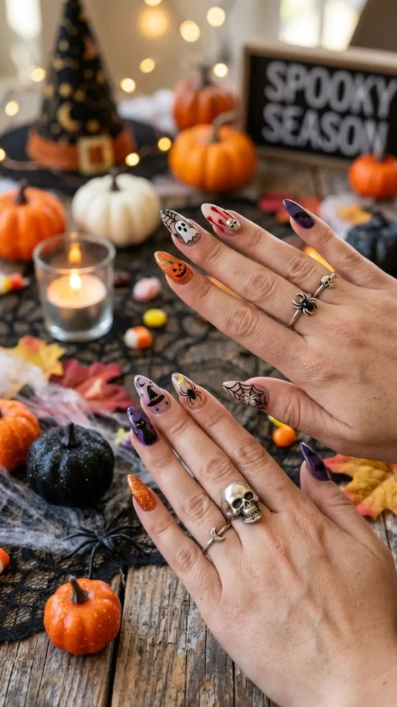 Spooky charms glitter accents Halloween nail designs