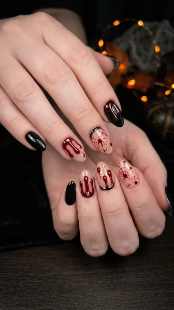Dramatic blood drip splatter Halloween nail art