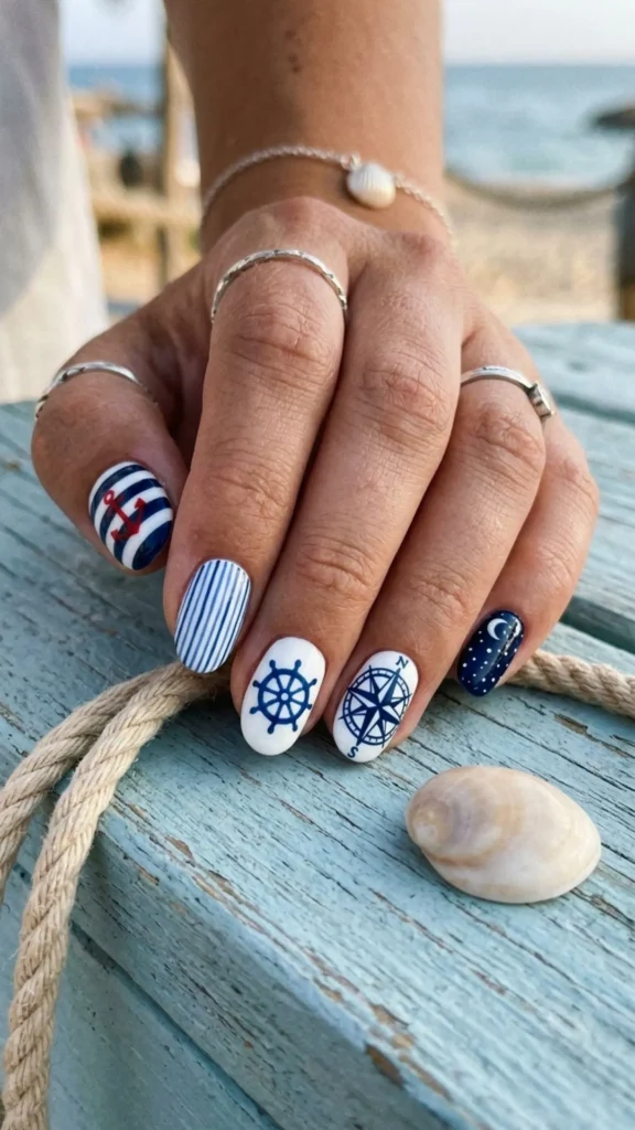 Blue and white striped nautical nail art for a fresh and stylish manicure.