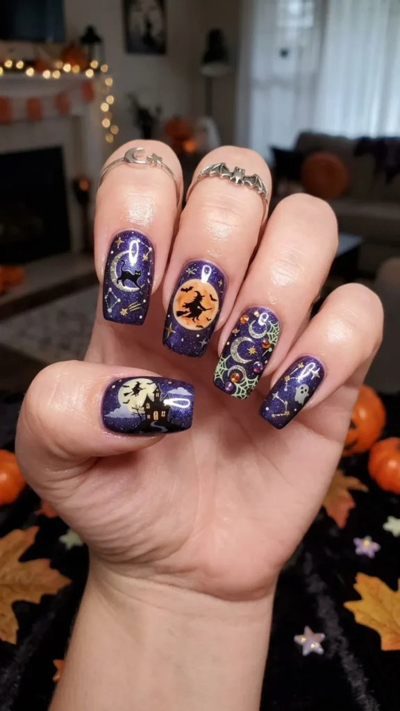 Celestial moon star night sky Halloween nails