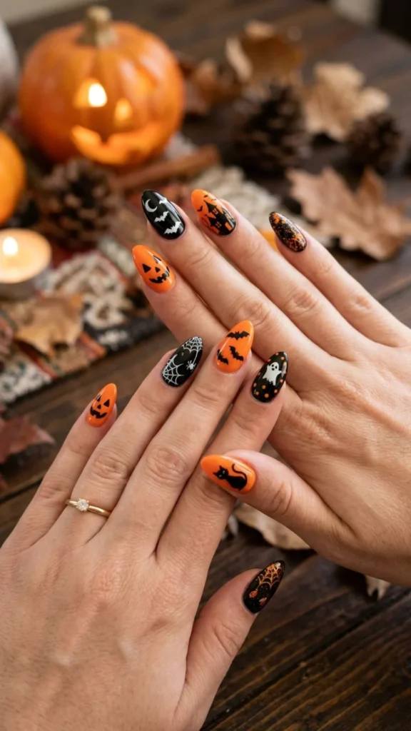 Classic black orange Halloween nail art designs
