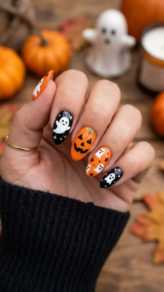 Cute ghost pumpkin face Halloween nail designs