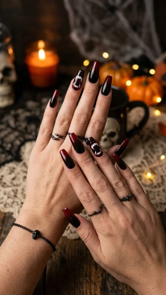 Dark ombre fang-inspired Halloween nail designs