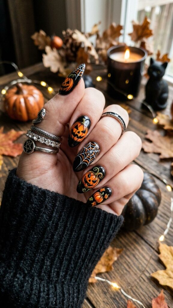 Edgy black Halloween nails with cute pumpkin accents