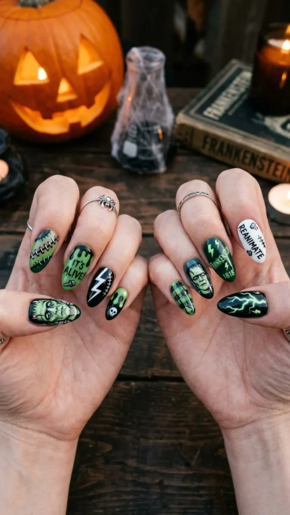 Frankenstein monster-inspired spooky Halloween nail designs